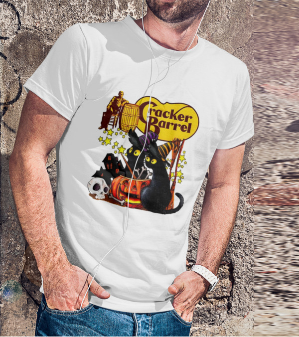 Cracker Barrel Halloween 2025 Black Cat Witches Pumpkin Stars Skulls T-Shirt