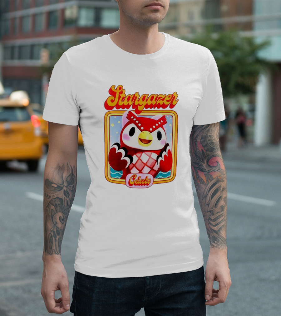 Stargazer Celeste Owl Character With Stars And Ocean Scene T-Shirt
