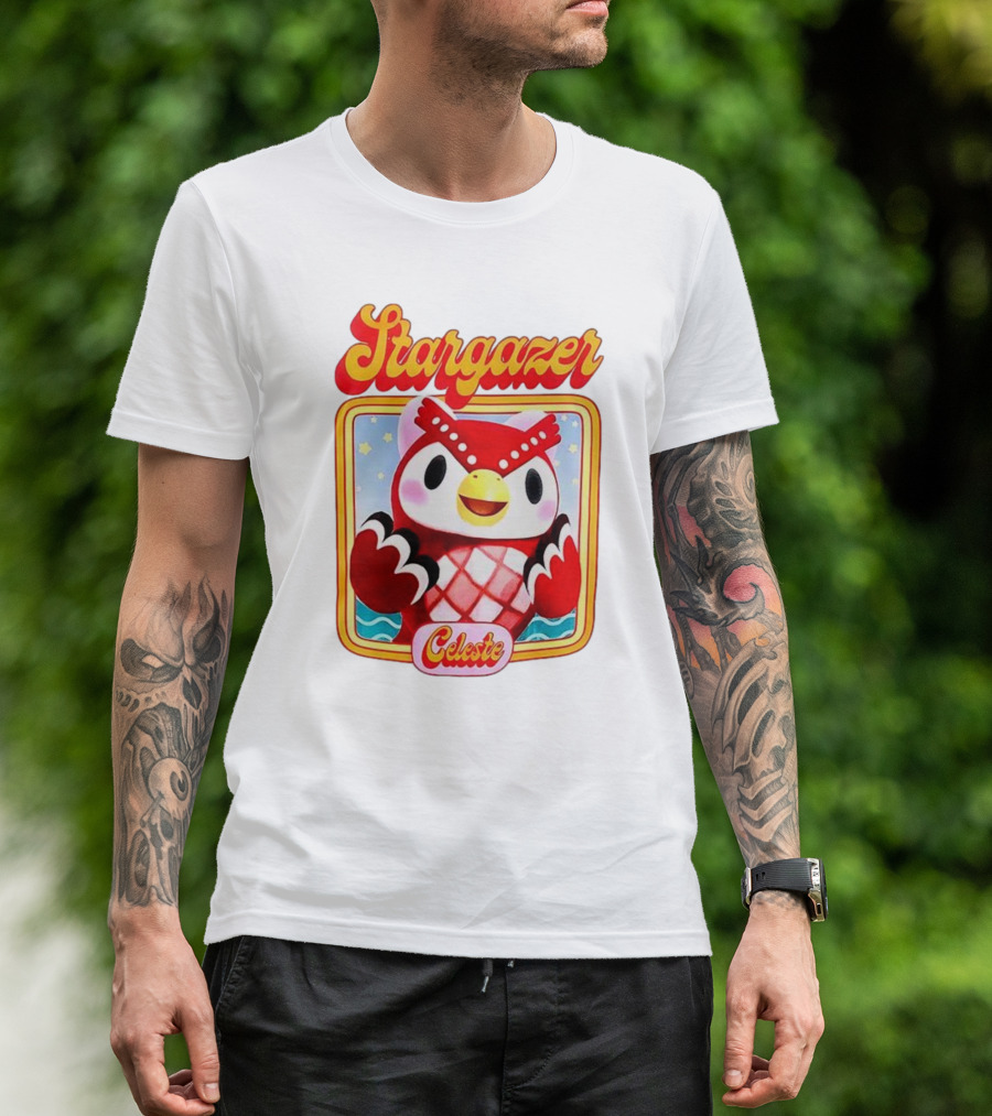 Stargazer Celeste Owl Character With Stars And Ocean Scene T-Shirt