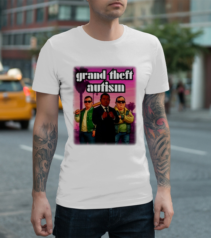 Grand Theft Autism Characters In Iconic Urban Setting T-Shirt