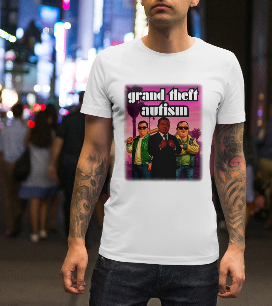 Grand Theft Autism Characters In Iconic Urban Setting T-Shirt