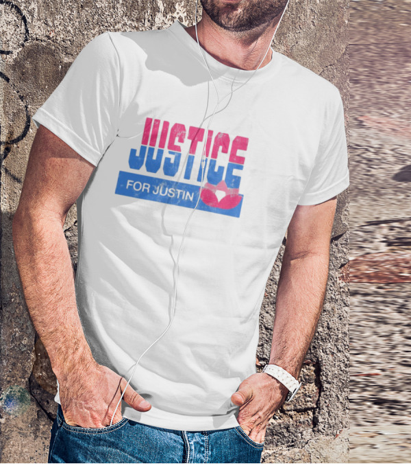 Justice For Justin LGBTQ Pride Pink And Blue Bold Text With Heart Symbol T-Shirt