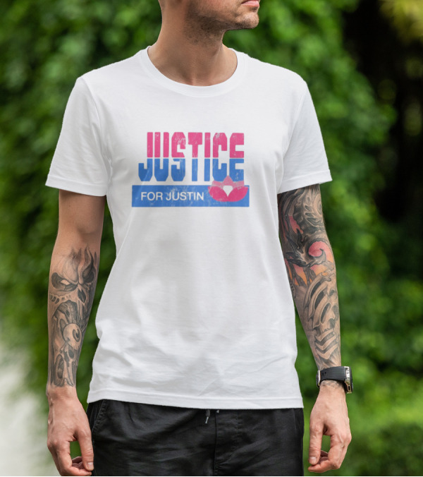Justice For Justin LGBTQ Pride Pink And Blue Bold Text With Heart Symbol T-Shirt