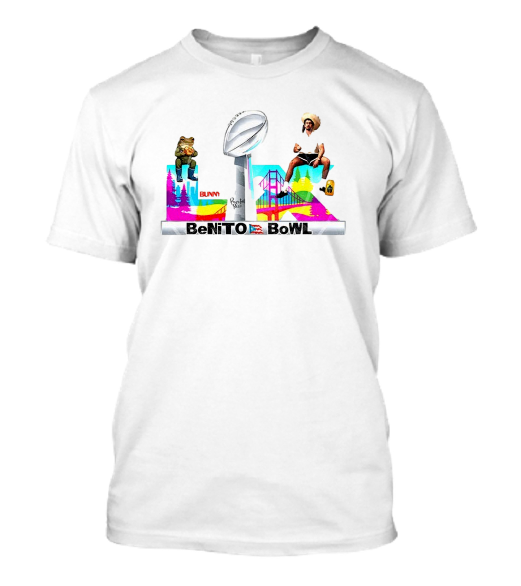 Bad Bunny Benito Bowl Puerto Rico Flag Super Bowl 2025 Retro Frog Bridge Leopardo San Francisco T-Shirt