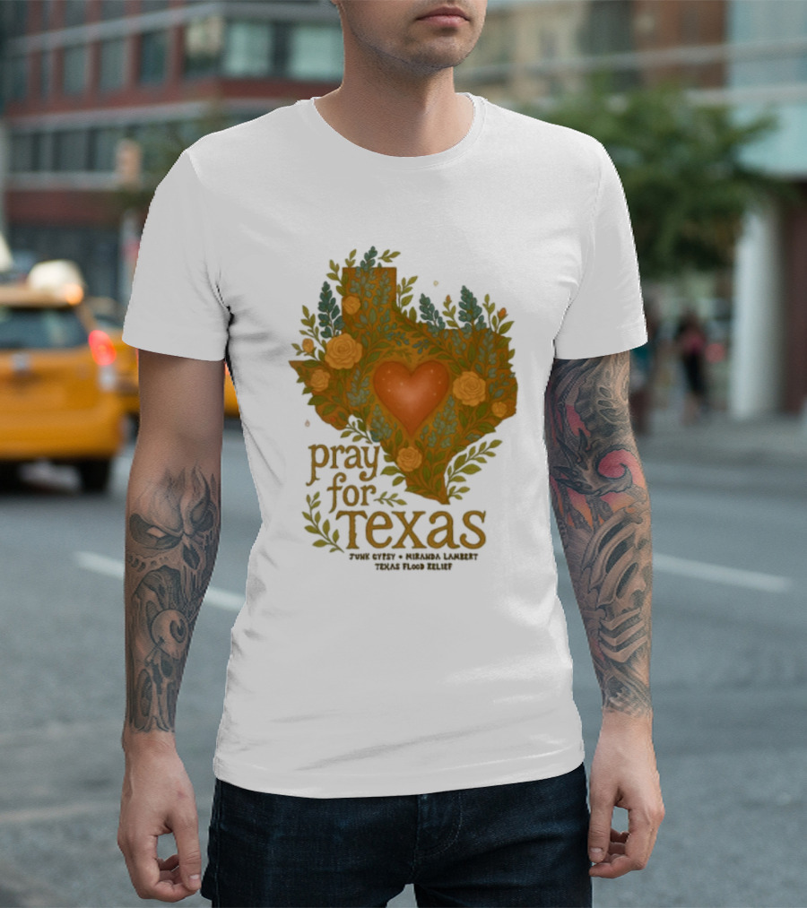 Pray For Texas Flood Relief Heart and Floral Pattern T-Shirt