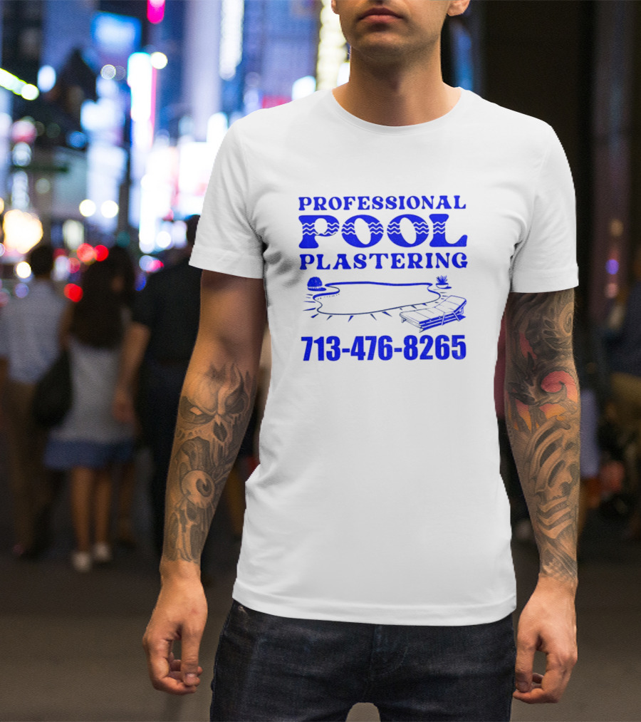 PROFESSIONAL POOL PLASTERING 713-476-8265 POOL OUTLINE COCKTAIL AND PALM TREE ICONS T-Shirt