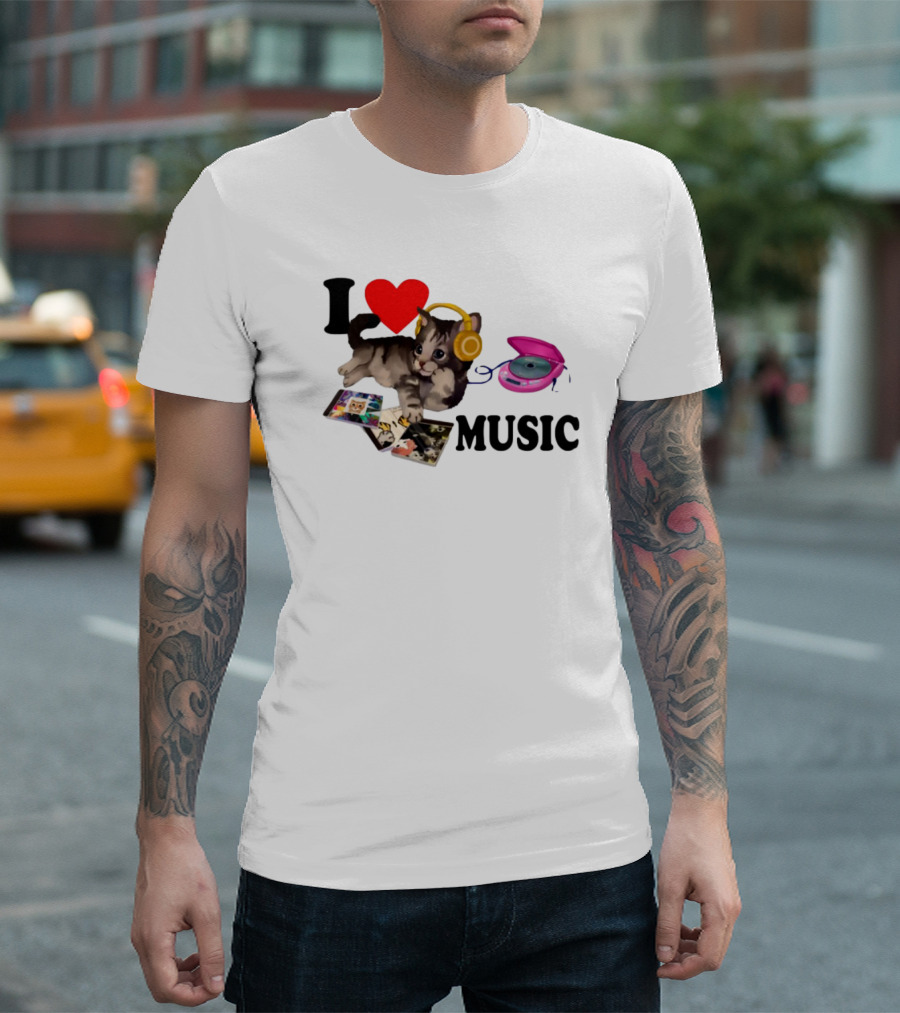 I Love Music Cat Headphones Portable CD Player Cute Cat Photos T-Shirt