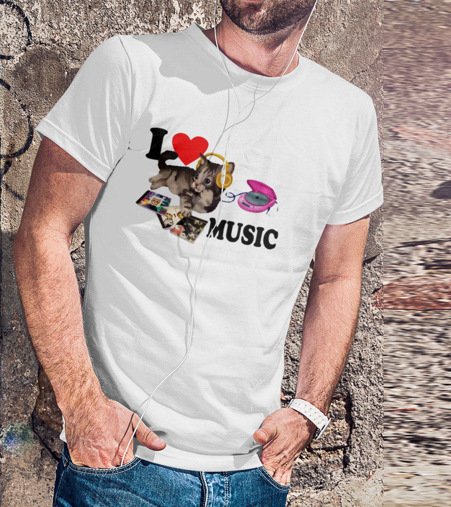 I Love Music Cat Headphones Portable CD Player Cute Cat Photos T-Shirt