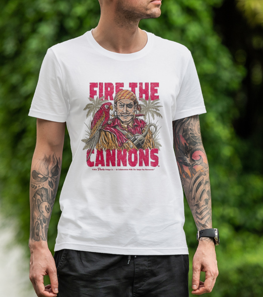 Fire The Cannons Buccaneers Pirate Parrot Palm Trees T-Shirt