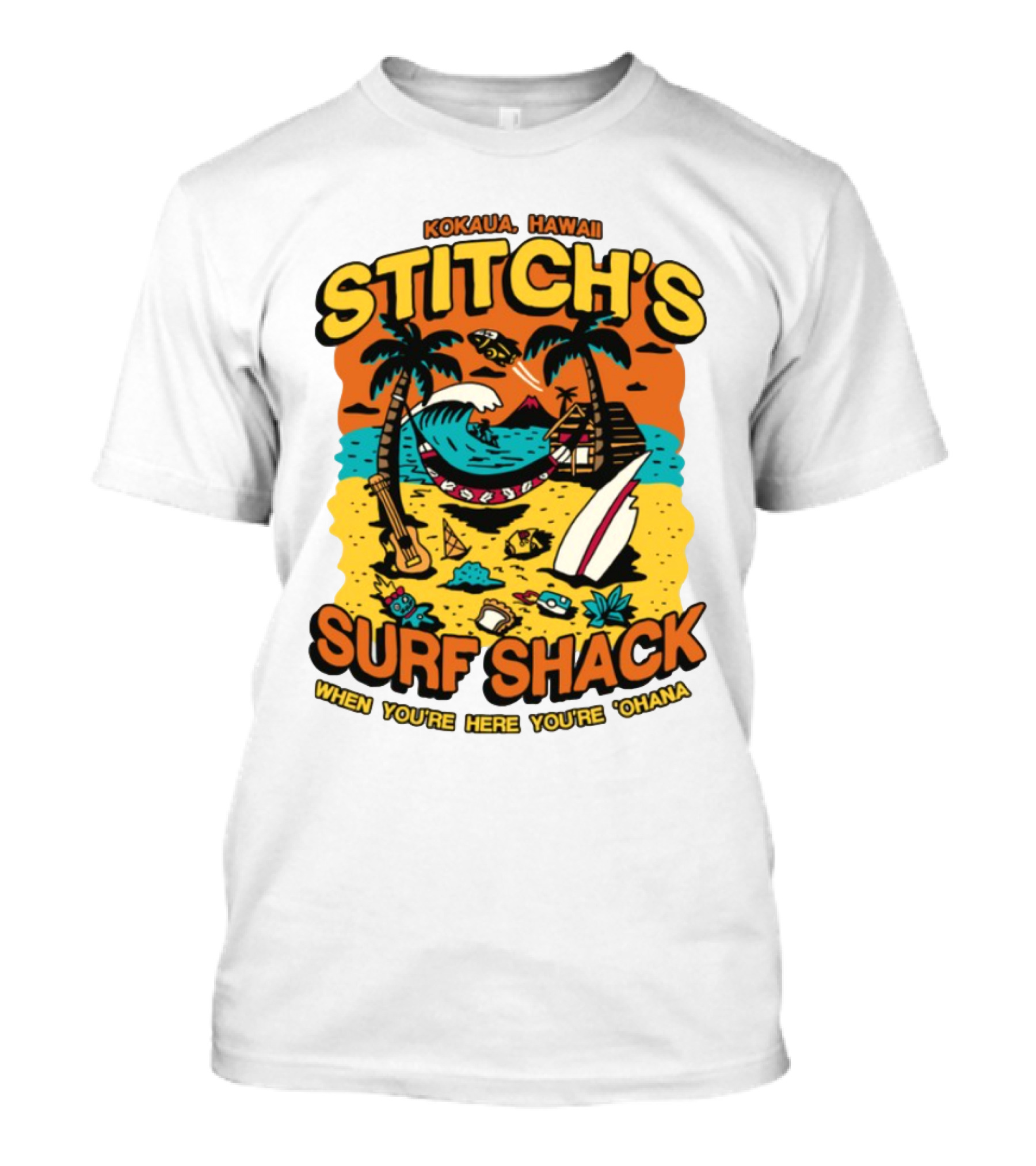 Kokaua Hawaii Stitch's Surf Shack When You're Here You're 'Ohana T-Shirt