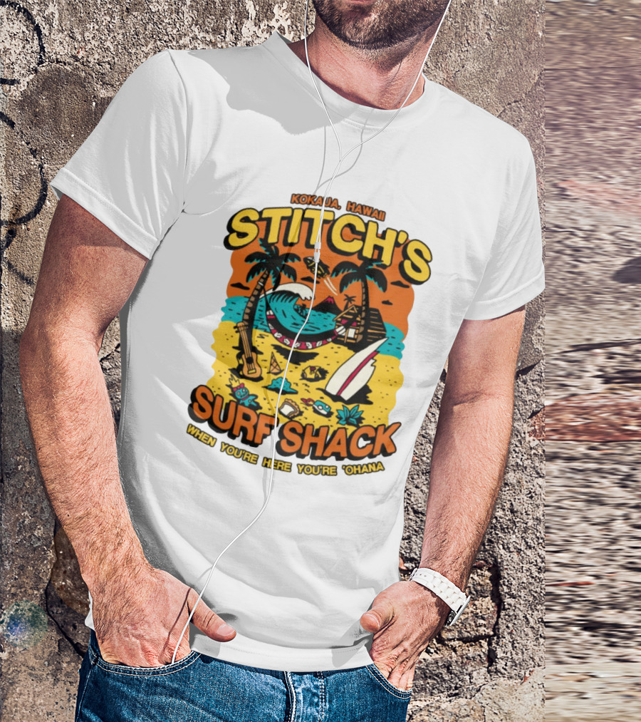Kokaua Hawaii Stitch's Surf Shack When You're Here You're 'Ohana T-Shirt