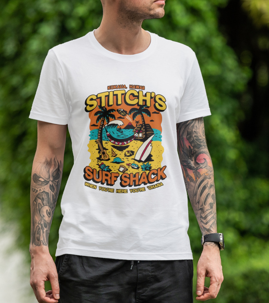 Kokaua Hawaii Stitch's Surf Shack When You're Here You're 'Ohana T-Shirt