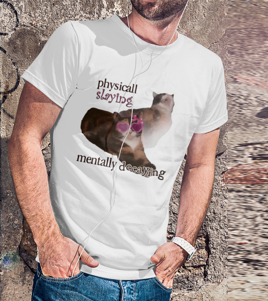 ```Snazzyseagull Physically Slaying Mentally Decaying Cat With Pink Heart Sunglasses``` T-Shirt