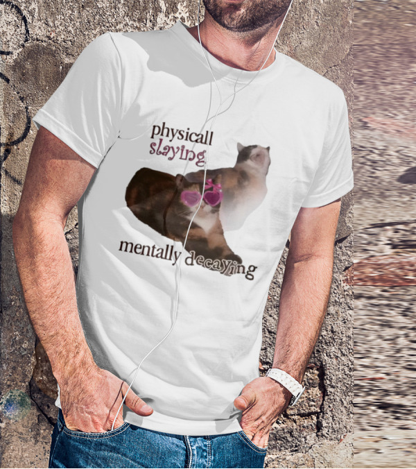 ```Snazzyseagull Physically Slaying Mentally Decaying Cat With Pink Heart Sunglasses``` T-Shirt