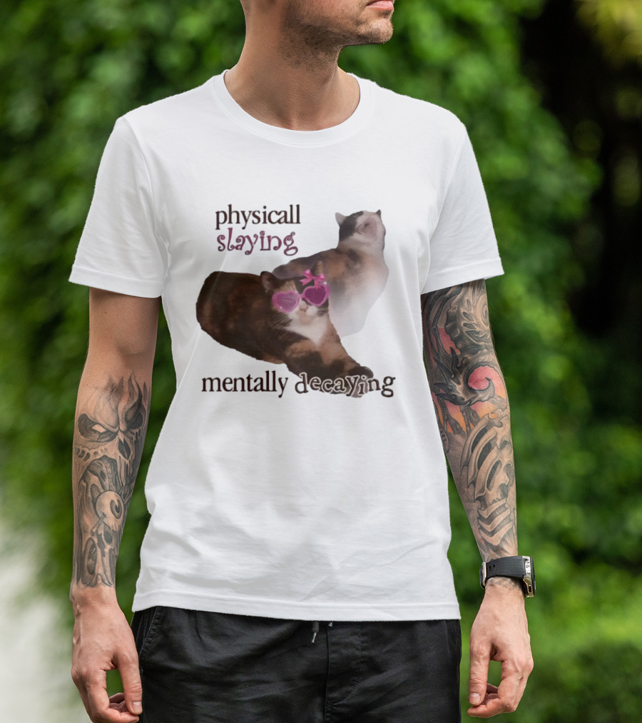 ```Snazzyseagull Physically Slaying Mentally Decaying Cat With Pink Heart Sunglasses``` T-Shirt