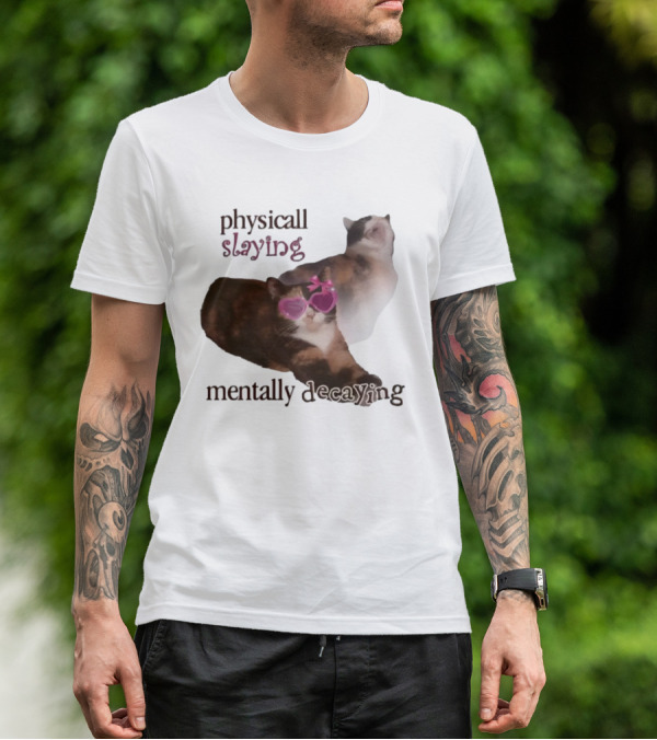 ```Snazzyseagull Physically Slaying Mentally Decaying Cat With Pink Heart Sunglasses``` T-Shirt