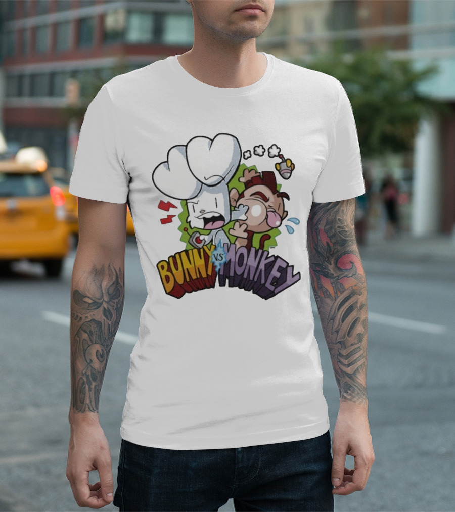 Bunny vs Monkey Cartoon Rivalry Comic Style T-Shirt