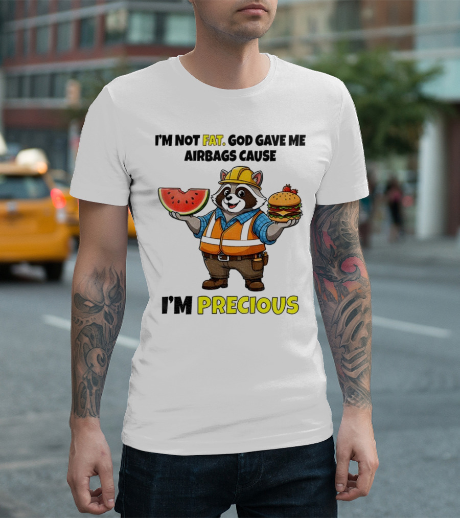 Raccoon In Safety Gear Holding Watermelon And Burger I'm Not Fat Precious T-Shirt