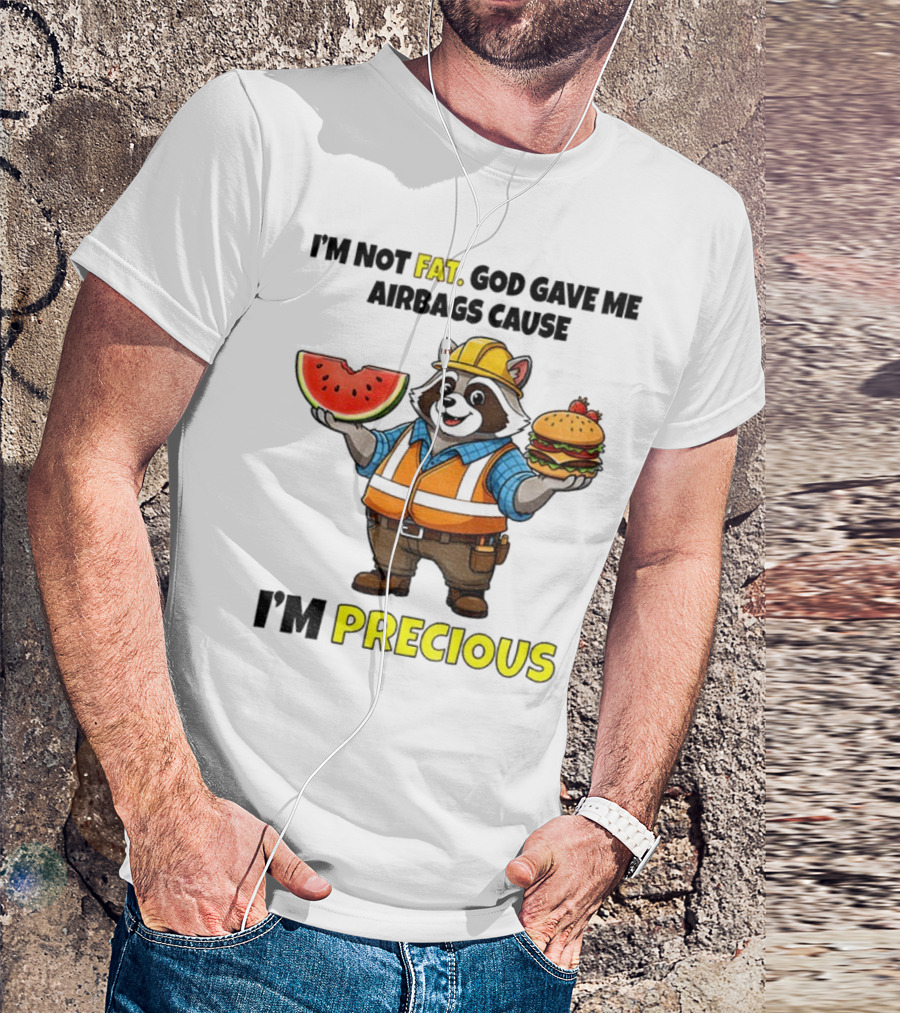 Raccoon In Safety Gear Holding Watermelon And Burger I'm Not Fat Precious T-Shirt