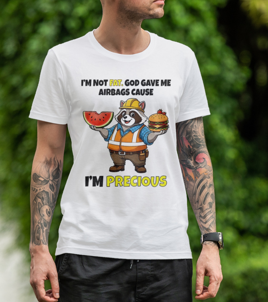 Raccoon In Safety Gear Holding Watermelon And Burger I'm Not Fat Precious T-Shirt