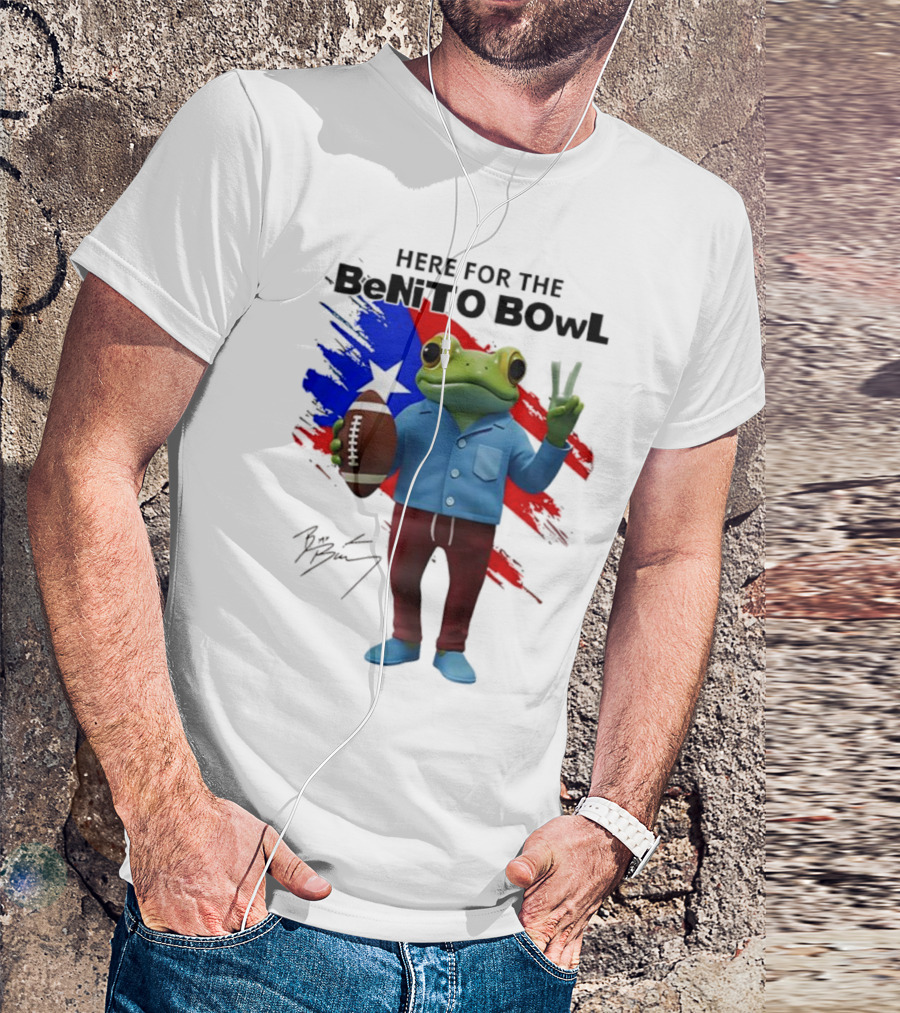 Bad Bunny Here For The Benito Bowl Super Bowl Frogs Puerto Rico Flag Football Peace Sign Signature T-Shirt