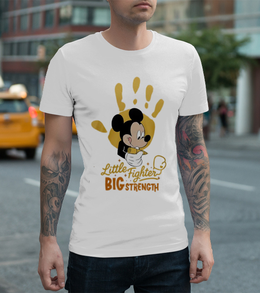 Mickey Mouse Little Fighter Big Strength Cancer Awareness Handprint T-Shirt