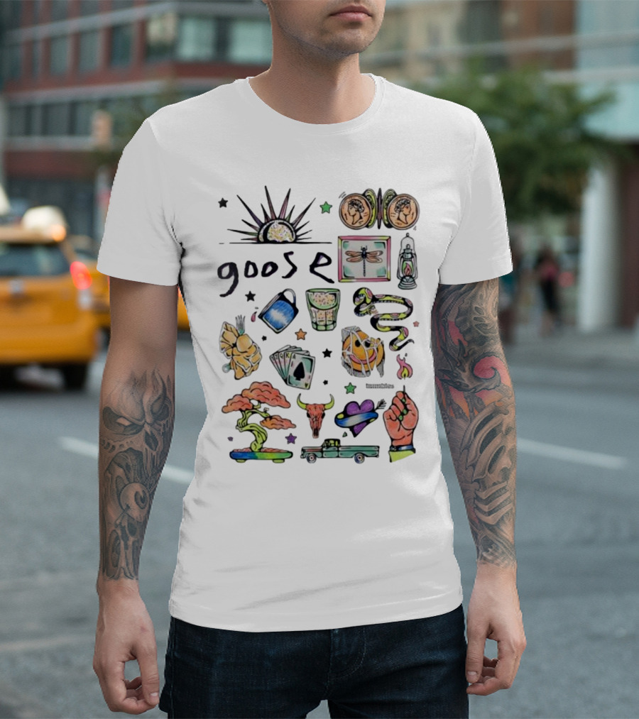 Goose Psychedelic Sunrise and Nature Symbols with Playing Cards Art T-Shirt