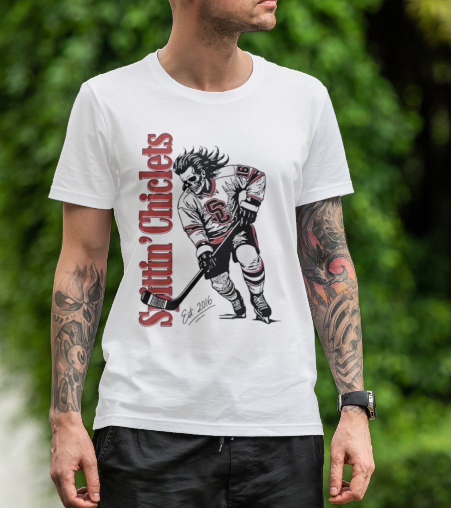 Spittin Chiclets Skullet Skeleton Player Hockey Est 2016 T-Shirt