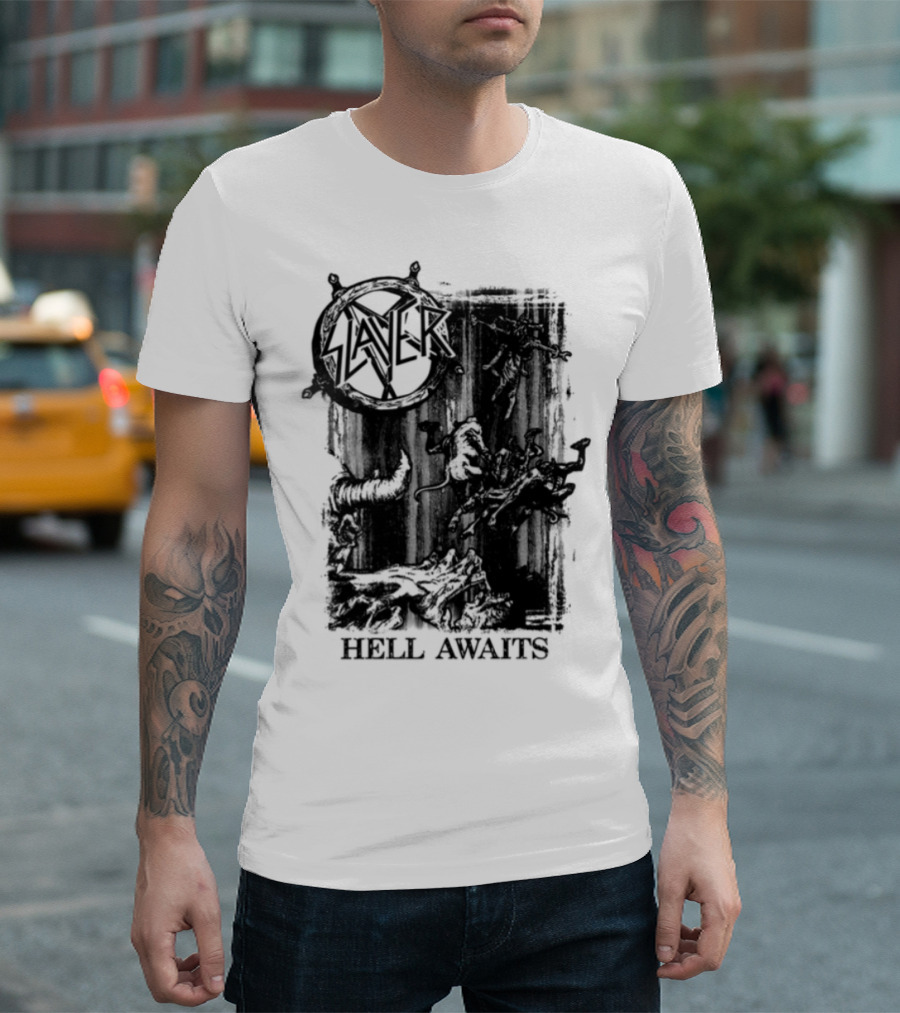 Monochrome Slayer Hell Awaits Acid Iconic Band Art T-Shirt