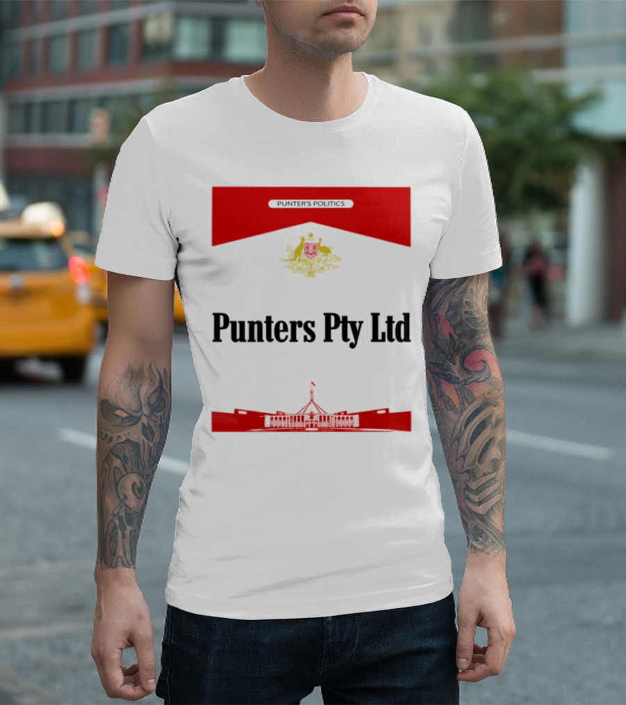 Punter's Lobbyist Uniform Australia's Parliament House Silhouette Red And Gold Emblem T-Shirt