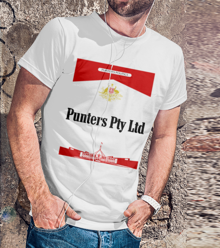 Punter's Lobbyist Uniform Australia's Parliament House Silhouette Red And Gold Emblem T-Shirt
