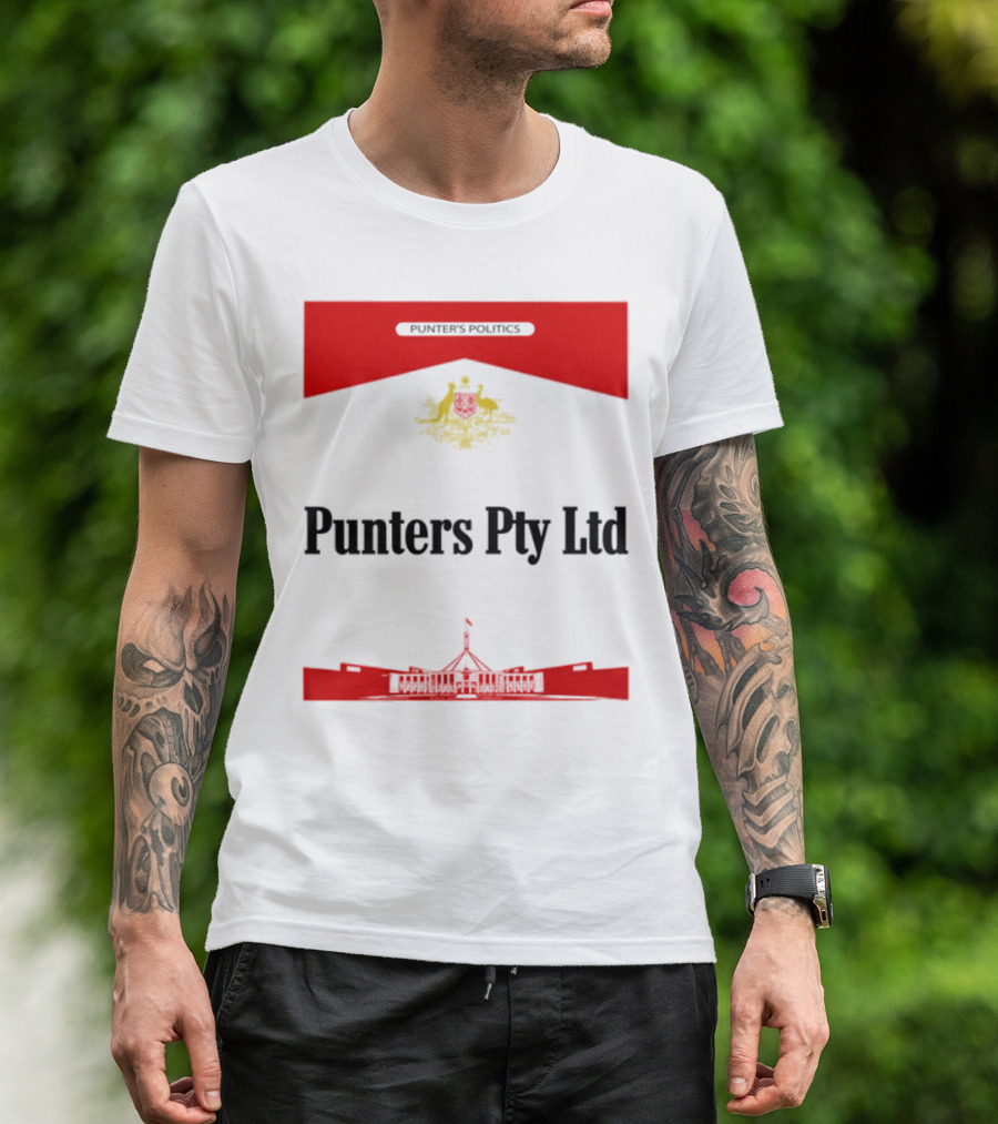 Punter's Lobbyist Uniform Australia's Parliament House Silhouette Red And Gold Emblem T-Shirt