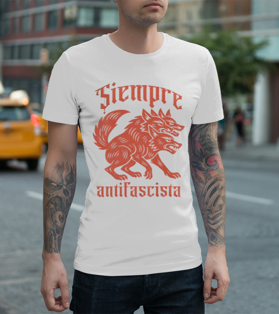 Siempre Antifascista Linocut Three-Headed Dog T-Shirt
