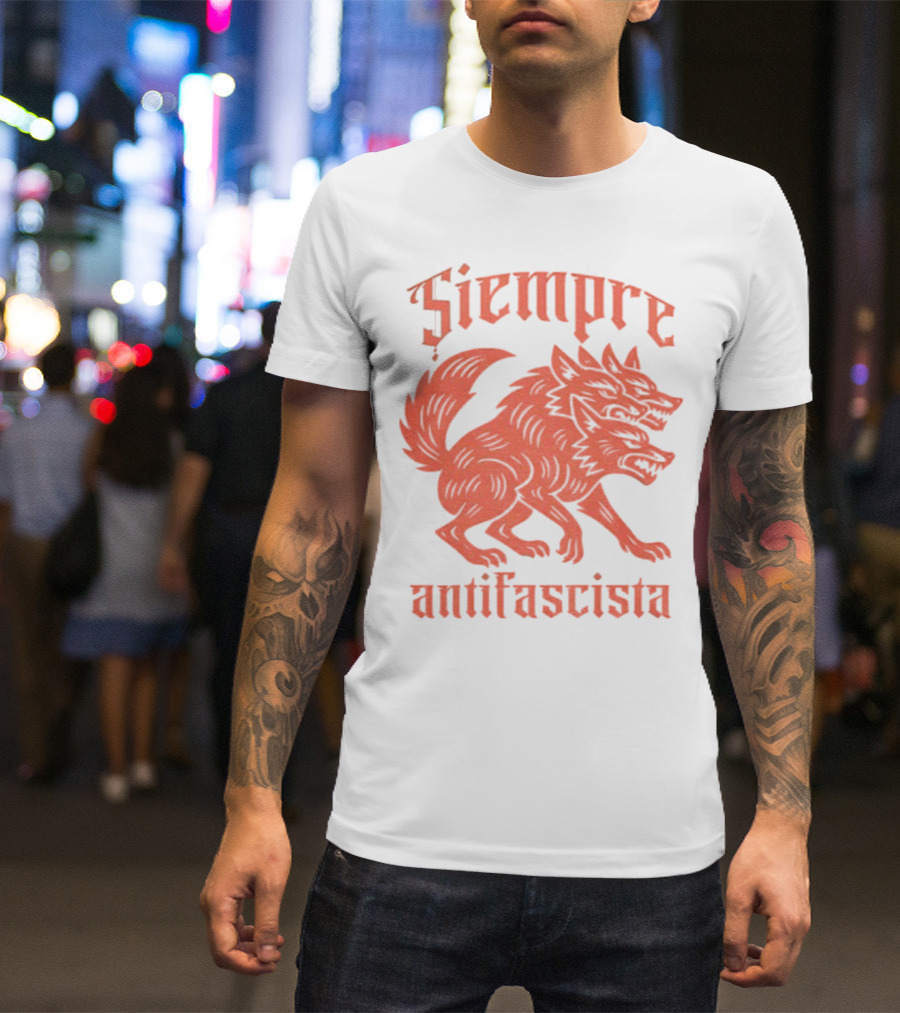 Siempre Antifascista Linocut Three-Headed Dog T-Shirt