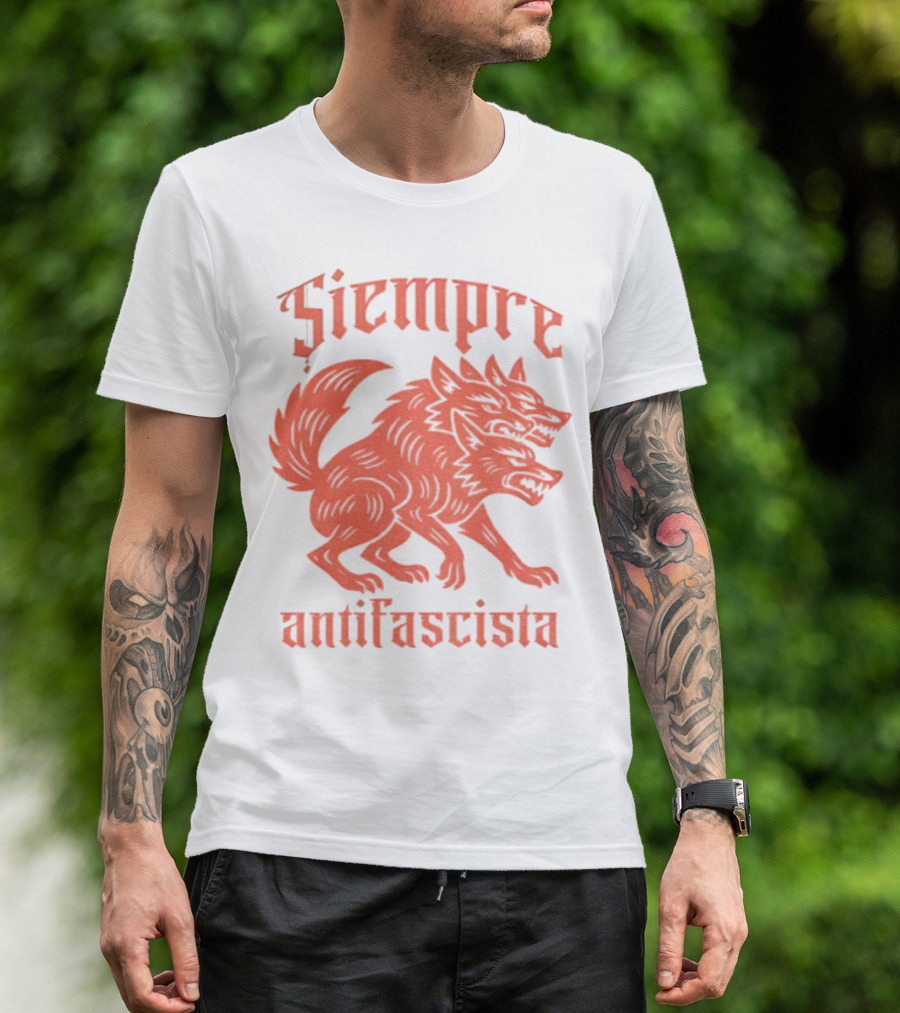 Siempre Antifascista Linocut Three-Headed Dog T-Shirt