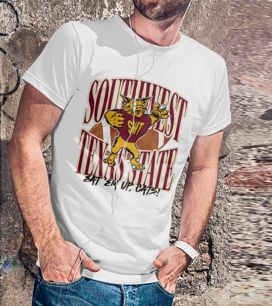Southwest Texas State SWT 1990s Eat Em Up Cats Mascot Football T-Shirt
