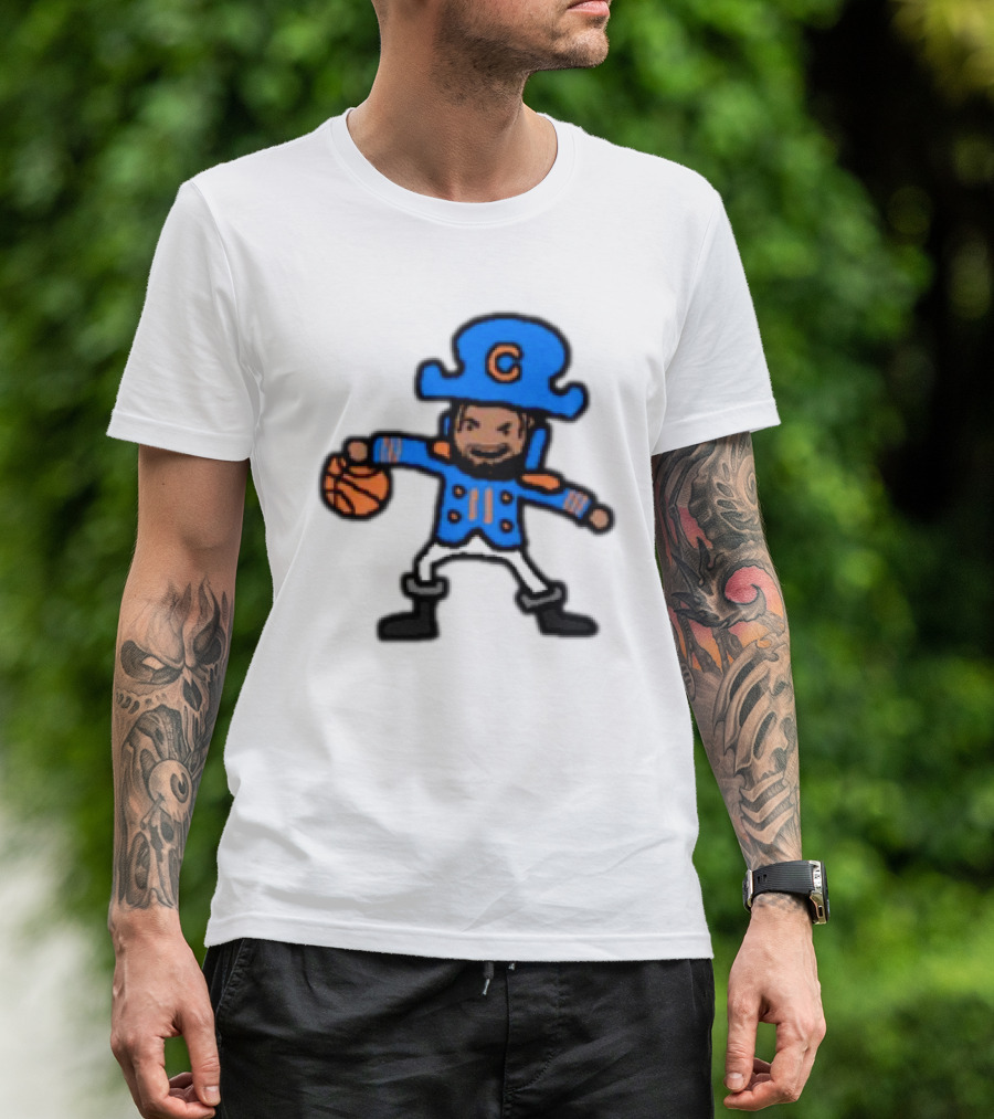 Captain Clutch Basketball Cartoon Character Blue Hat And Jacket T-Shirt