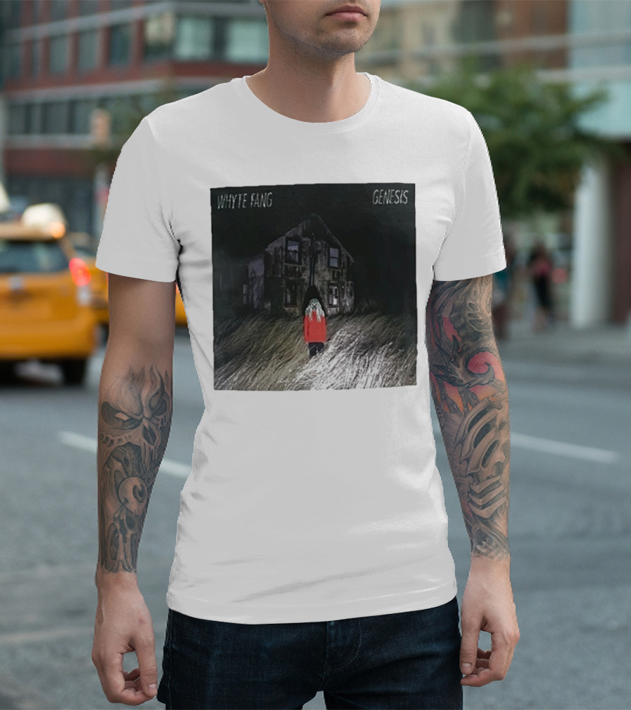 Whyte Fang Genesis Album Cover Creepy House And Figure In Red Jacket T-Shirt