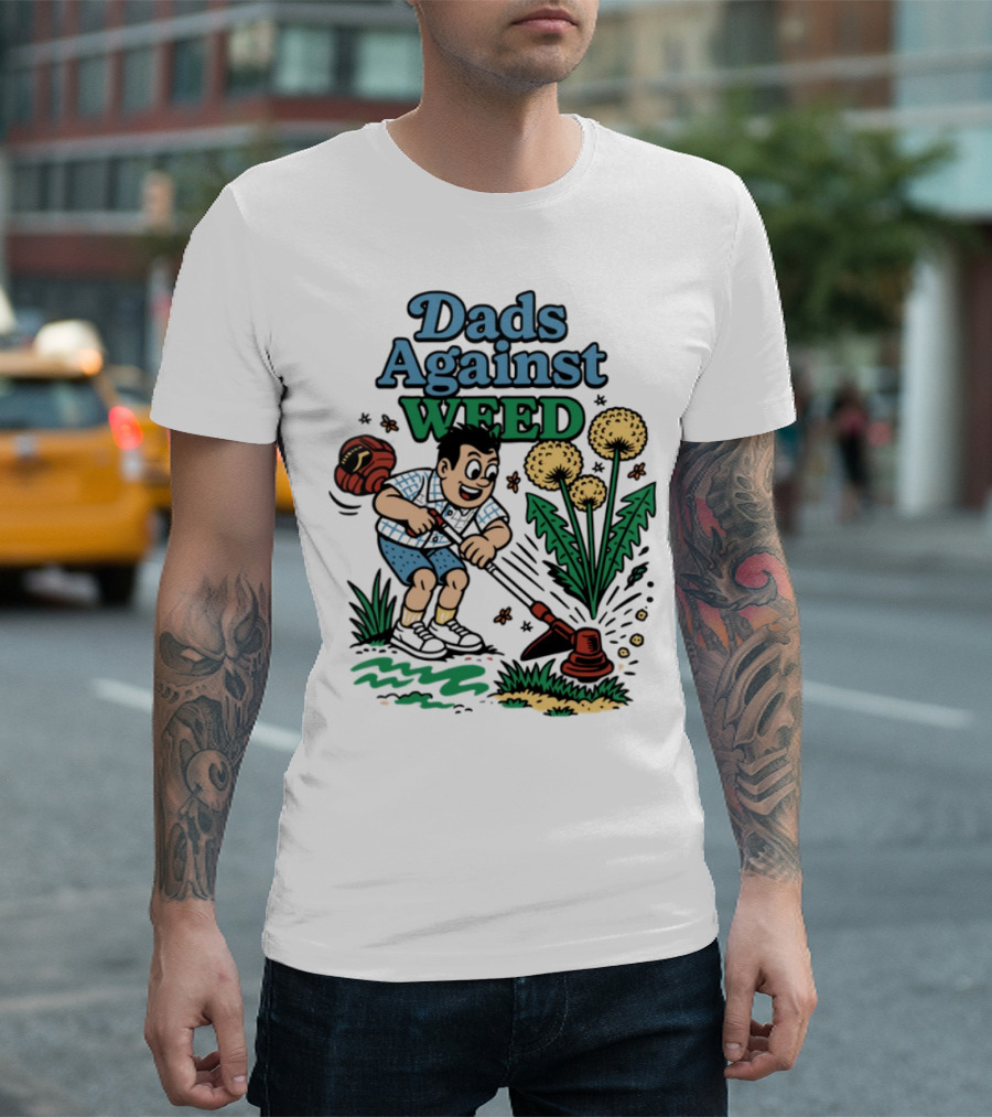 Dads Against Weed Cartoon Boy And Dandelions Gardening Style T-Shirt