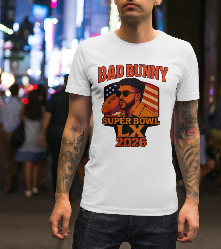 Bad Bunny Super Bowl LX 2026 American Flag Football Graphic T-Shirt