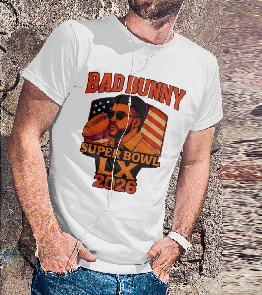 Bad Bunny Super Bowl LX 2026 American Flag Football Graphic T-Shirt