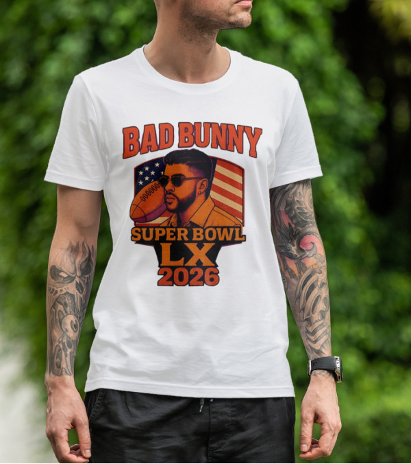Bad Bunny Super Bowl LX 2026 American Flag Football Graphic T-Shirt