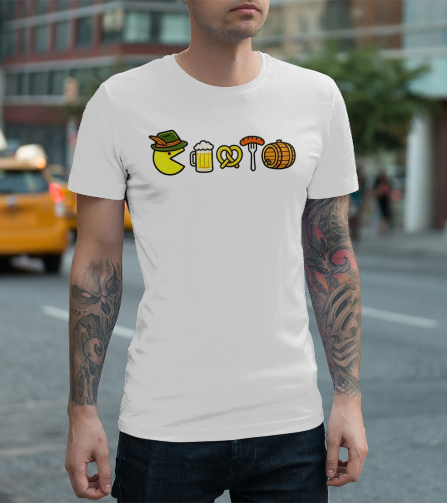 Pac-Man Oktoberfest Beer Pretzel Sausage Barrel Icons T-Shirt