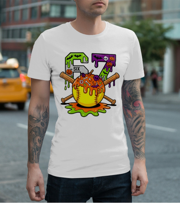 Halloween Softball 67 Six Seven Dripping Bats Pumpkins Bones Skull T-Shirt