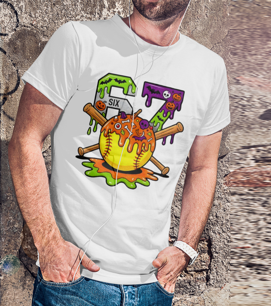 Halloween Softball 67 Six Seven Dripping Bats Pumpkins Bones Skull T-Shirt