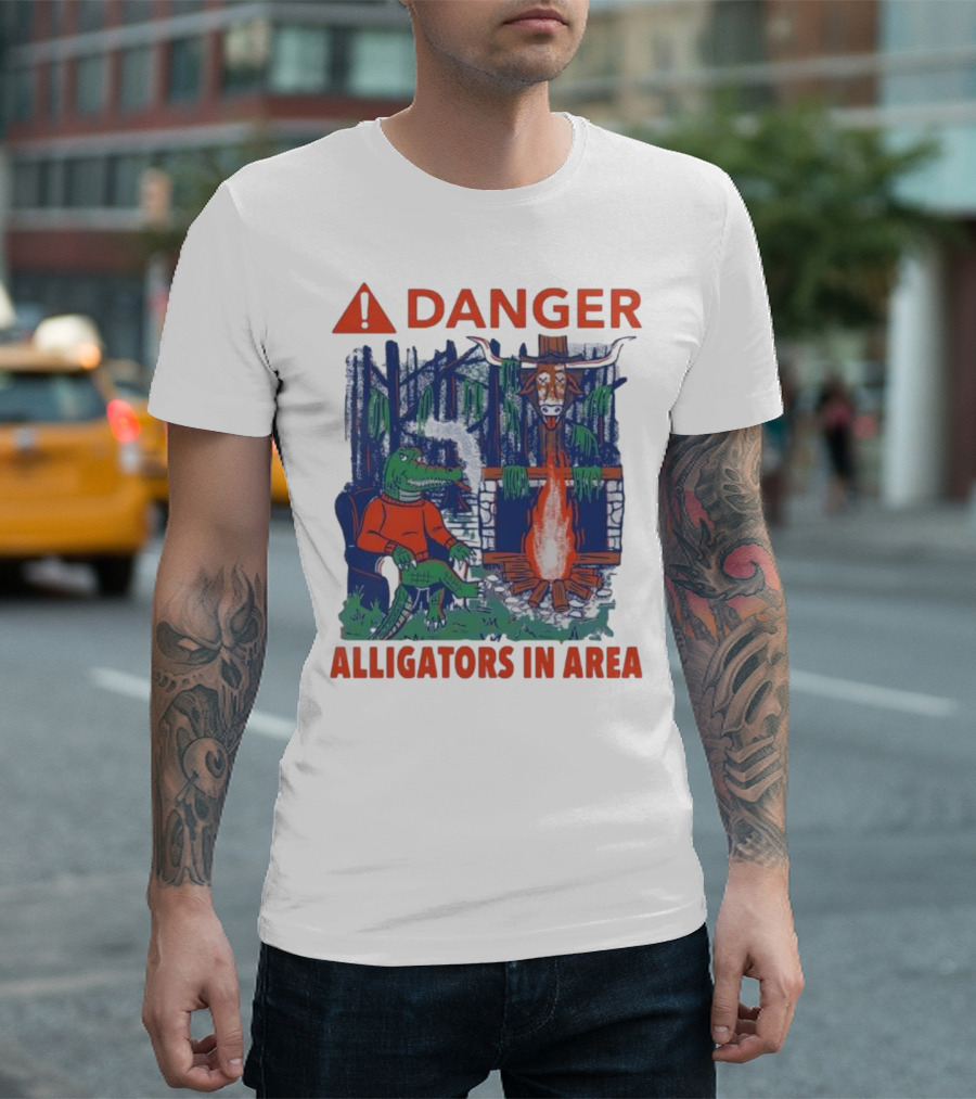 Danger Alligators in Area Florida Gators Texas Longhorns Campfire Warning T-Shirt