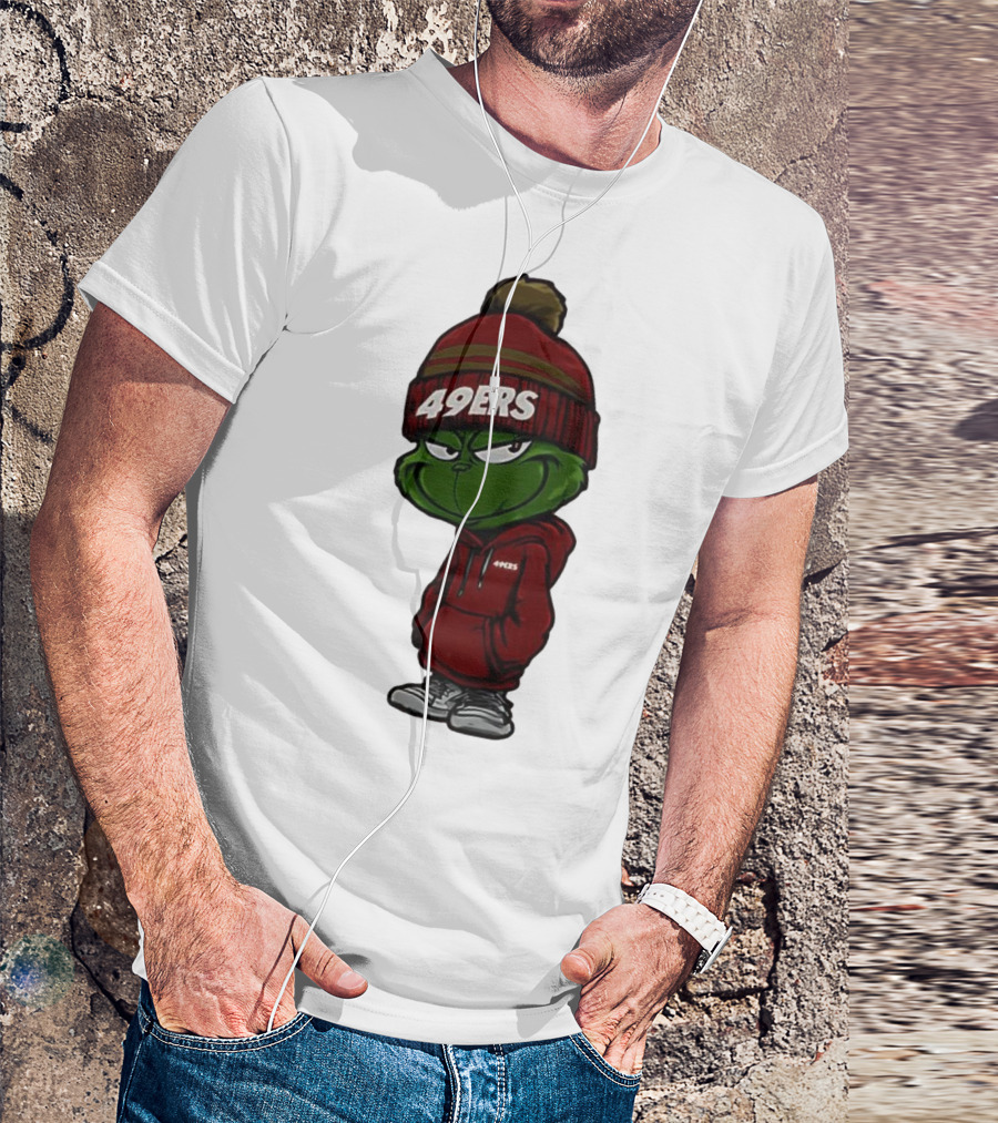 Grinch Wearing 49ers Beanie And San Francisco Football Crossover T-Shirt