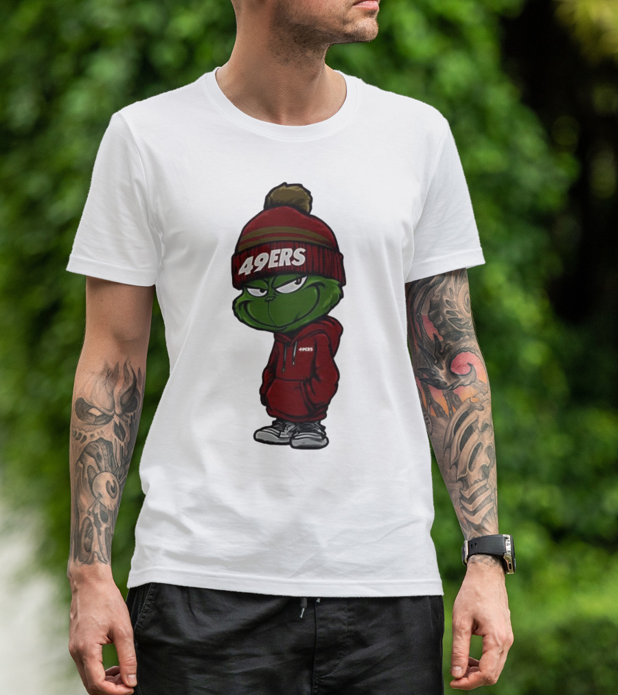 Grinch Wearing 49ers Beanie And San Francisco Football Crossover T-Shirt