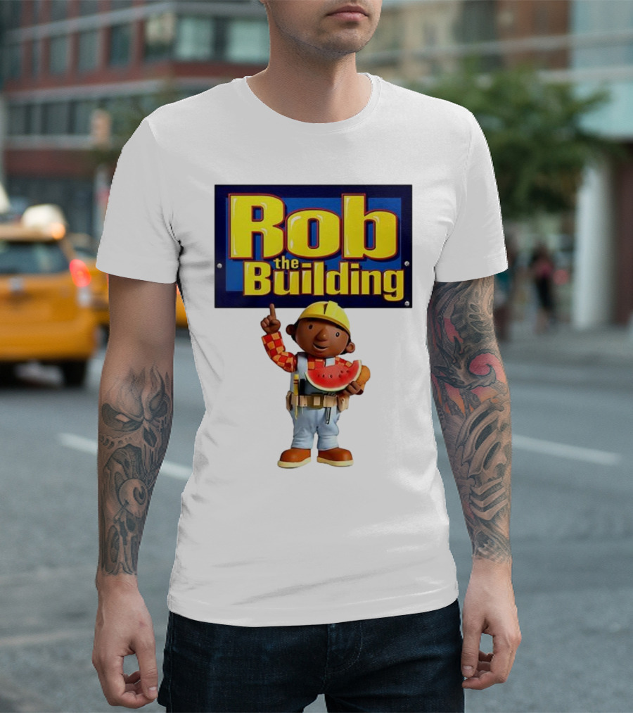 Rob The Building Cartoon Construction Character Eating Watermelon T-Shirt
