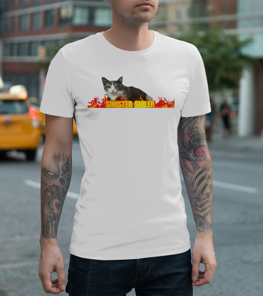 Sinister Sniler Cat With Flames Image T-Shirt